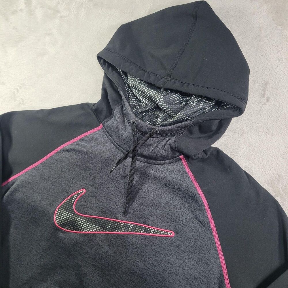 Nike Therma-FIT Hoodie Womens Large Gray Black Pullover Fleece Swoosh Logo